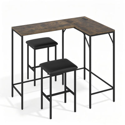 3-Piece Convertible L-Shaped Kitchen Table Chair Set with 2 AC Outlets  USB Port and Type-C Port-Rustic Brown