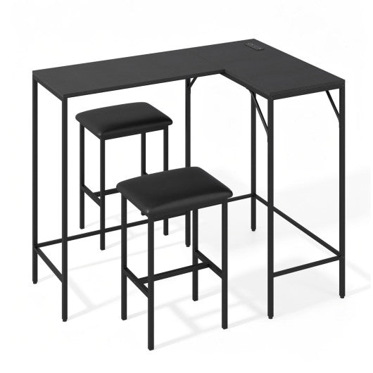 3-Piece Convertible L-Shaped Kitchen Table Chair Set with 2 AC Outlets  USB Port and Type-C Port-Black