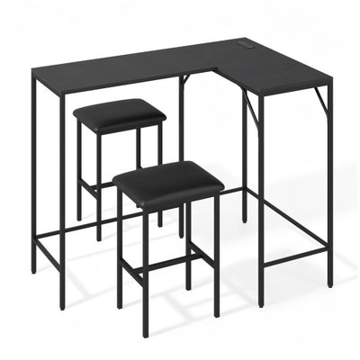 3-Piece Convertible L-Shaped Kitchen Table Chair Set with 2 AC Outlets  USB Port and Type-C Port-Black