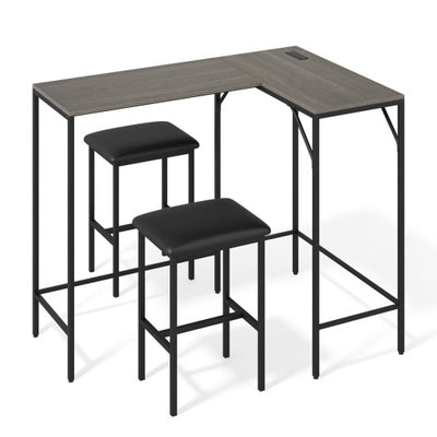 3-Piece Convertible L-Shaped Kitchen Table Chair Set with 2 AC Outlets  USB Port and Type-C Port-Gray