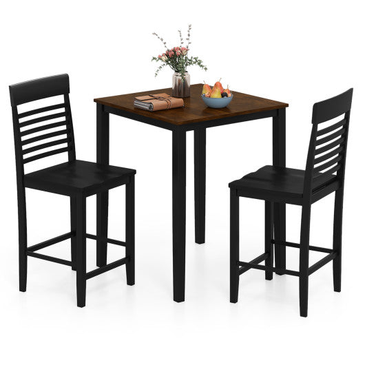 3-Piece Counter-Height Dining Table Set for 2 with Rubber Wood Frame and Footrest-Black