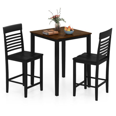 3-Piece Counter-Height Dining Table Set for 2 with Rubber Wood Frame and Footrest-Black