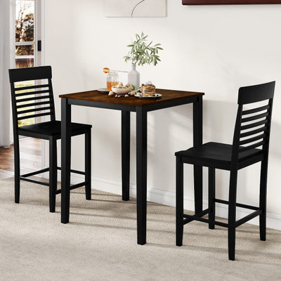 3-Piece Counter-Height Dining Table Set for 2 with Rubber Wood Frame and Footrest-Black