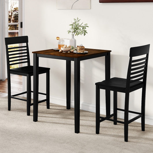3-Piece Counter-Height Dining Table Set for 2 with Rubber Wood Frame and Footrest-Black