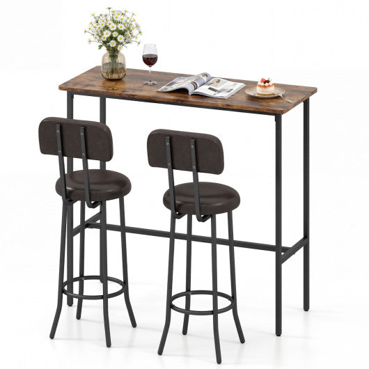 3-Piece Industrial Bar Table Set with 2 Upholstered Stools and Footrests for Dining Room-Rustic Brown