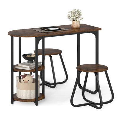 3-Piece Industrial Dining Table Set for Small Space-Rustic Brown