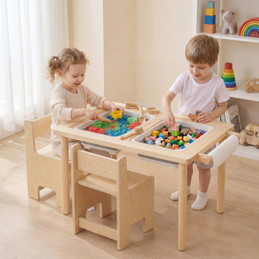 3-Piece Kids Activity Table and Chair Set with Adjustable Height-Natural