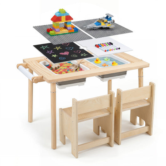 3-Piece Kids Activity Table and Chair Set with Adjustable Height-Natural