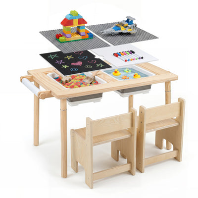 3-Piece Kids Activity Table and Chair Set with Adjustable Height-Natural