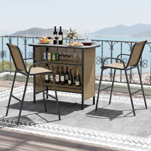 3 Piece Outdoor Bar Set with Footrest and 2-Tier Shelf-Coffee