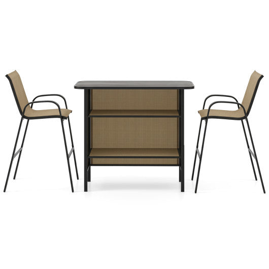 3 Piece Outdoor Bar Set with Footrest and 2-Tier Shelf-Coffee