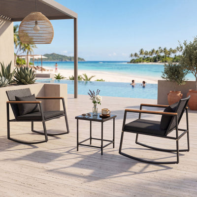 3-Piece Outdoor Rocking Bistro Set with Soft Cushions and Tempered Glass Table-Black