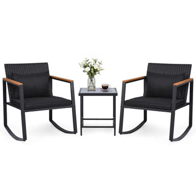 3-Piece Outdoor Rocking Bistro Set with Soft Cushions and Tempered Glass Table-Black