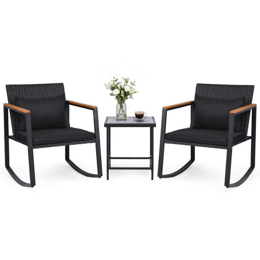3-Piece Outdoor Rocking Bistro Set with Soft Cushions and Tempered Glass Table-Black
