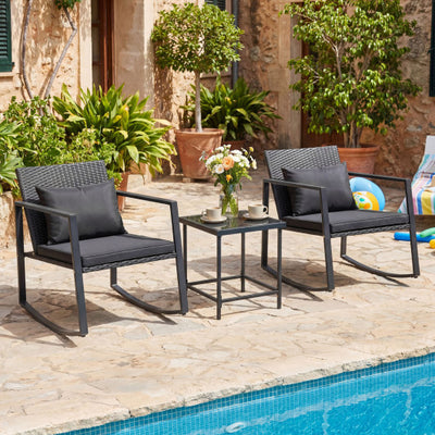 3-Piece Outdoor Rocking Bistro Set with Soft Cushions and Tempered Glass Table-Dark