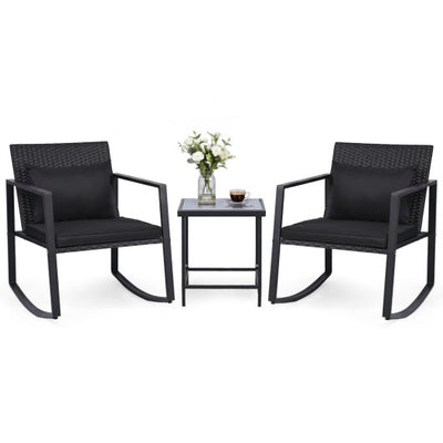 3-Piece Outdoor Rocking Bistro Set with Soft Cushions and Tempered Glass Table-Dark