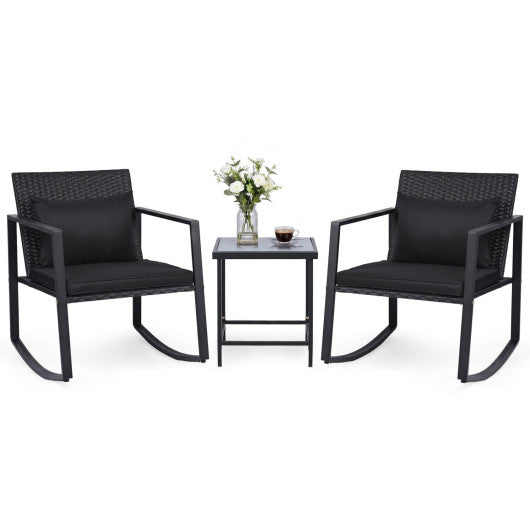 3-Piece Outdoor Rocking Bistro Set with Soft Cushions and Tempered Glass Table-Dark