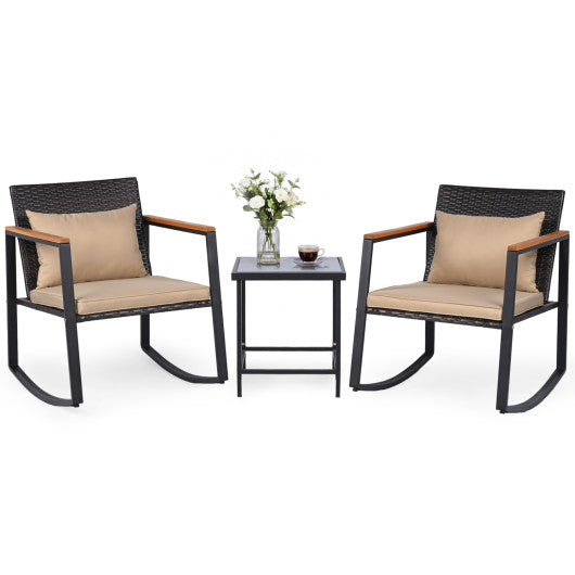 3-Piece Outdoor Rocking Bistro Set with Soft Cushions & Tempered Glass Table-Brown & Black
