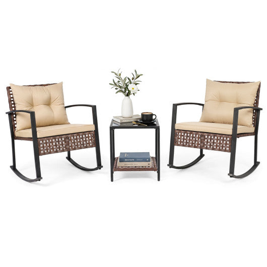 3-Piece Outdoor Rocking Chair Set-Brown