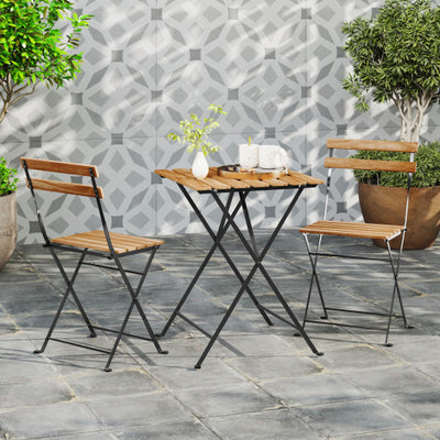 3 Piece Patio Acacia Wood Bistro Set with Slatted Seat and Tabletop-Brown