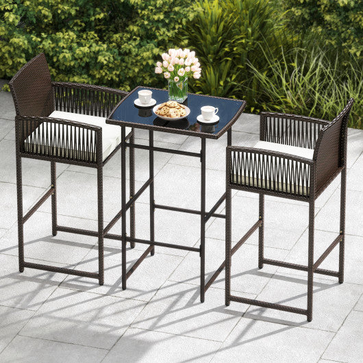 3 Piece Patio Bar Set Outdoor Wicker Bar Height Table and Armchairs with 2 Seat Cushions-White