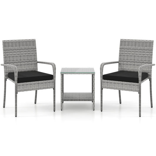 3 Piece Patio Furniture Set with Seat Cushions and Tempered Glass Tabletop for Balcony-Black