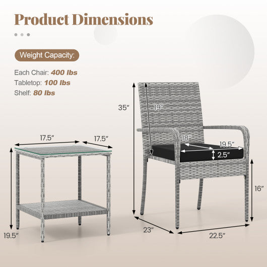 3 Piece Patio Furniture Set with Seat Cushions and Tempered Glass Tabletop for Balcony-Black