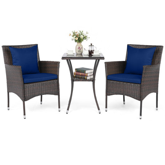 3-Piece Patio Furniture Set Rattan Bistro Chairs with 2-Tier Tempered Glass Side Table-Navy