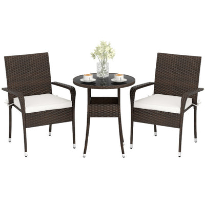 3-Piece Patio Furniture Set PE Rattan Wicker Chairs with Tempered Glass Top Table-White