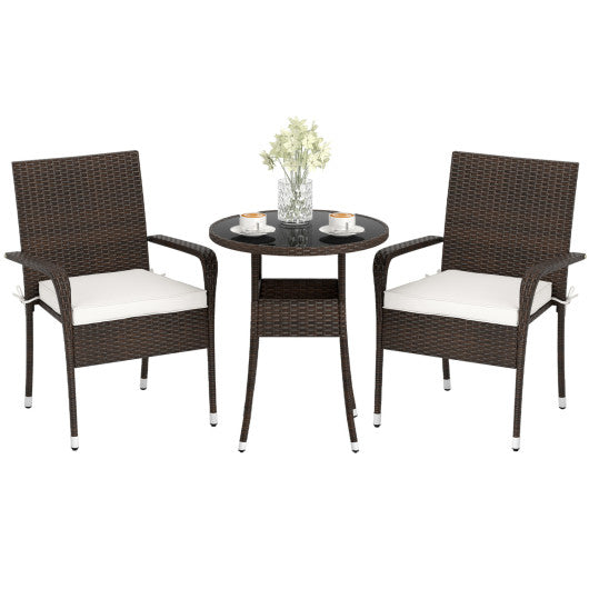 3-Piece Patio Furniture Set PE Rattan Wicker Chairs with Tempered Glass Top Table-White