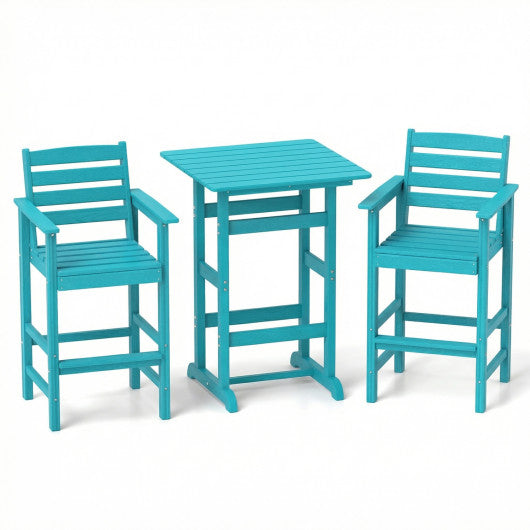 3-Piece Patio HDPE Bar Set with Square High-Top Table for Backyard and Poolside-Turquoise