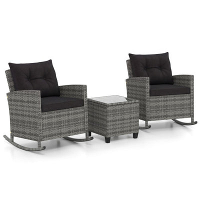 3-Piece Patio Rattan Roker Chairs with Tempered Glass Table and Soft Cushions-Mix Gray-Black