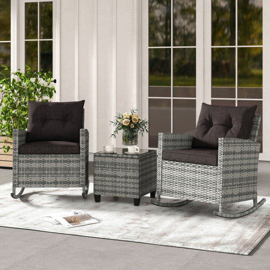 3-Piece Patio Rattan Roker Chairs with Tempered Glass Table and Soft Cushions-Mix Gray-Black