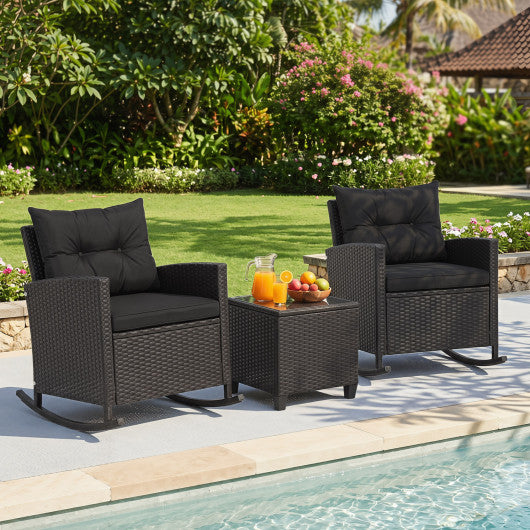 3-Piece Patio Rattan Roker Chairs with Tempered Glass Table and Soft Cushions-Black & Brown