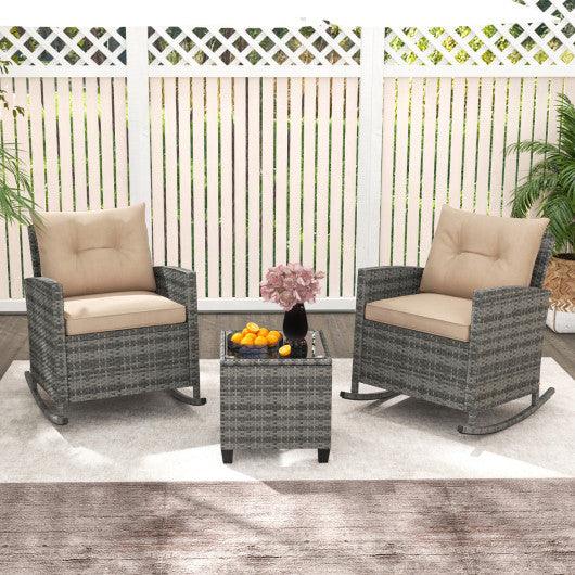 3-Piece Patio Rattan Roker Chairs with Tempered Glass Table and Soft Cushions-Yellow