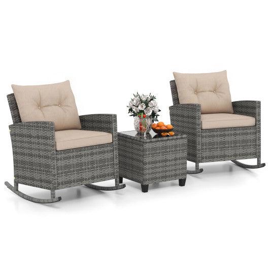 3-Piece Patio Rattan Roker Chairs with Tempered Glass Table and Soft Cushions-Yellow