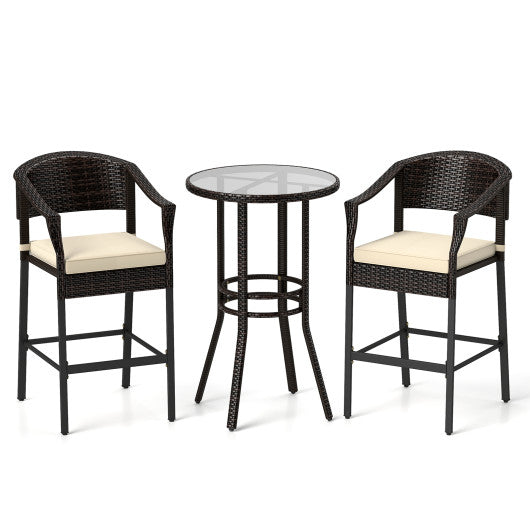 3-Piece Patio Rattan Bar Set with Tempered Glass Top for Backyard Poolside-Brown