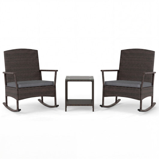 3 Piece Patio Rocking Set Wicker Rocking Chairs with 2-Tier Coffee Table-Gray