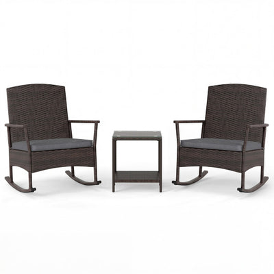 3 Piece Patio Rocking Set Wicker Rocking Chairs with 2-Tier Coffee Table-Gray