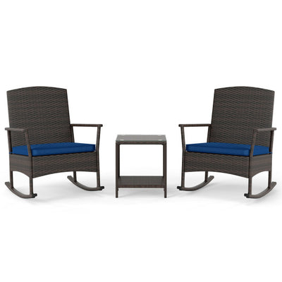 3 Piece Patio Rocking Set Wicker Rocking Chairs with 2-Tier Coffee Table-Navy