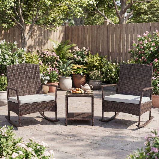 3 Piece Patio Rocking Set Wicker Rocking Chairs with 2-Tier Coffee Table-Off White