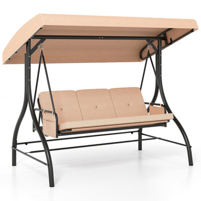 3-Piece Patio Swing with Canopy Removable Cushions and Side Pockets-Beige