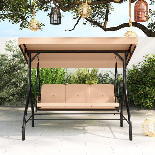 3-Piece Patio Swing with Canopy Removable Cushions and Side Pockets-Beige