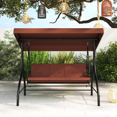 3-Piece Patio Swing with Canopy Removable Cushions and Side Pockets-Brown