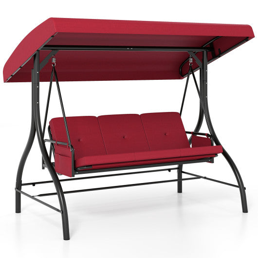 3-Piece Patio Swing with Canopy Removable Cushions and Side Pockets-Burgundy
