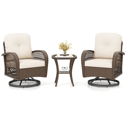 3 Piece Patio Swivel Rocker Set with Tempered Glass Side Table and Thick Cushions-White