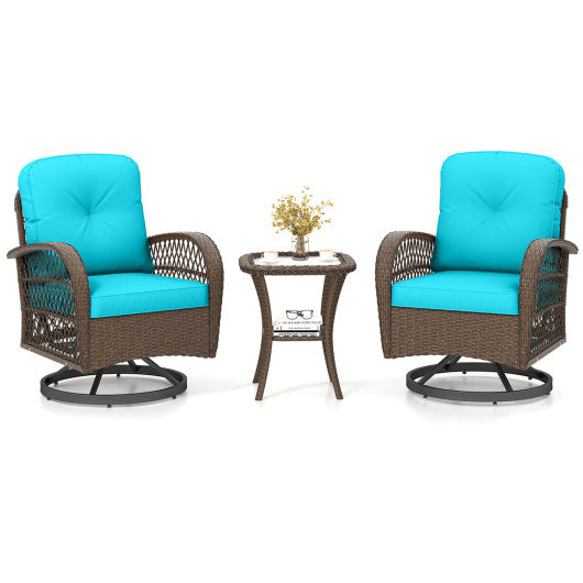 3 Piece Patio Swivel Rocker Set with Tempered Glass Side Table and Thick Cushions-Turquoise
