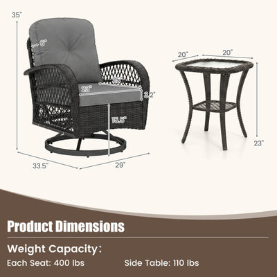 3 Piece Patio Swivel Rocker Set with Tempered Glass Side Table and Thick Cushions-Dark Gray