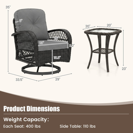 3 Piece Patio Swivel Rocker Set with Tempered Glass Side Table and Thick Cushions-Dark Gray