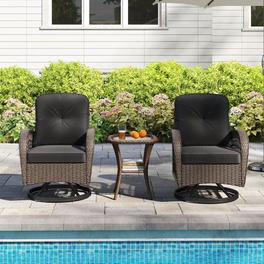 3 Piece Patio Swivel Rocker Set with Tempered Glass Side Table and Thick Cushions-Black
